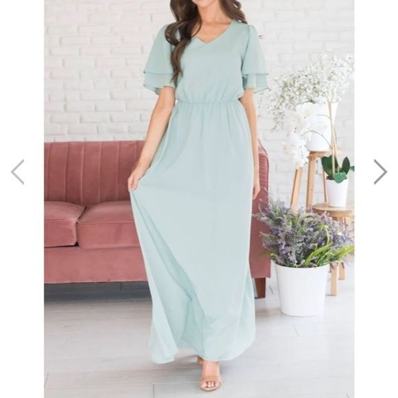 NWT Mikarose Sage Green Chloe Maxi Dress Size XS Double Flutter Sleeves V Neck - Picture 1 of 12